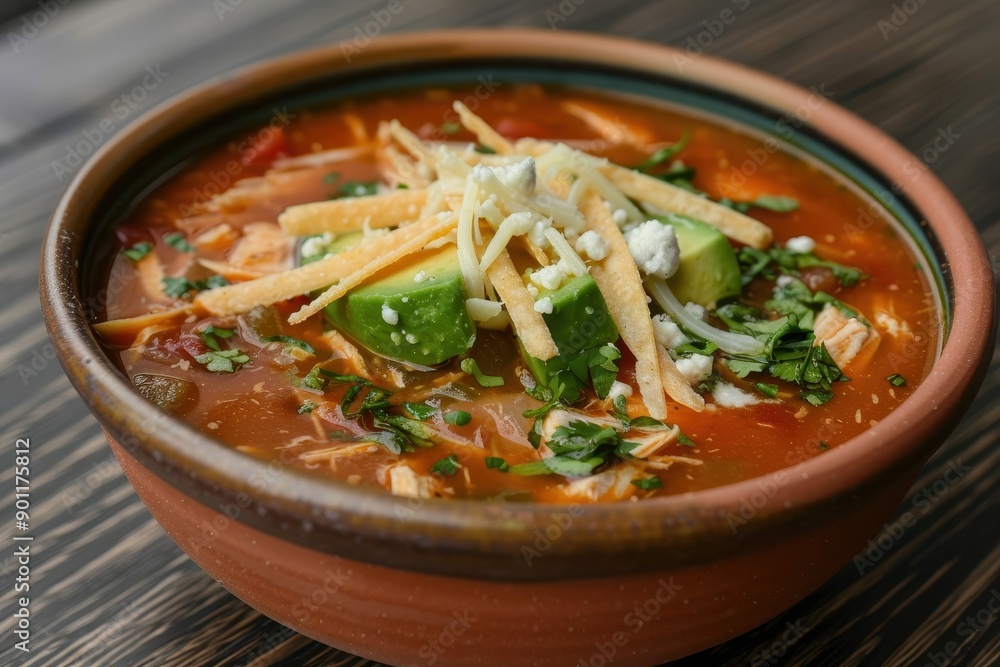 A bowl of sopa azteca, a spicy tortilla soup with a tomato base, shredded chicken, avocado, cheese, and crispy tortilla strips A bowl of sopa azteca, a spicy tortilla soup with a tomato base, shredded chicken, avocado, cheese, and crispy tortilla strips
