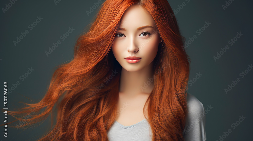 Portrait of a beautiful, sexy, smiling, happy Asian woman with long red hair and perfect skin, gray background, banner. Portrait of a beautiful, sexy, smiling, happy Asian woman with long red hair and perfect skin, gray background, banner.
