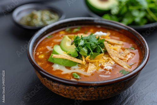 A bowl of sopa azteca, a spicy tortilla soup with a tomato base, shredded chicken, avocado, cheese, and crispy tortilla strips