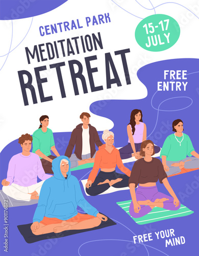 Event poster of retreat meditation. Promotion design of group practices of balance, mindfulness. Template of advertising of yoga lessons, breathing exercise in lotus asana. Flat vector illustration