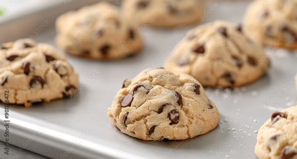 Freshly baked chocolate chip cookies on a baking sheet Freshly baked chocolate chip cookies on a baking sheet
