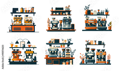 Coffee contraptions cartoon vector artworks. Java espresso beans cup grinder steaming beverage mug mill contrivance barista preparation isolated illustrations