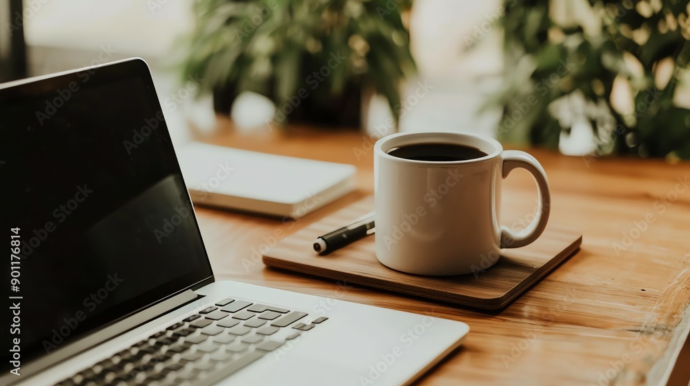 A laptop, coffee mug, and notebook with a pen on a wooden desk. A laptop, coffee mug, and notebook with a pen on a wooden desk.