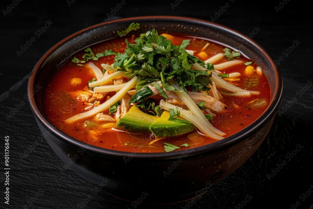 A bowl of sopa azteca, a spicy tortilla soup with a tomato base, shredded chicken, avocado, cheese, and crispy tortilla strips A bowl of sopa azteca, a spicy tortilla soup with a tomato base, shredded chicken, avocado, cheese, and crispy tortilla strips