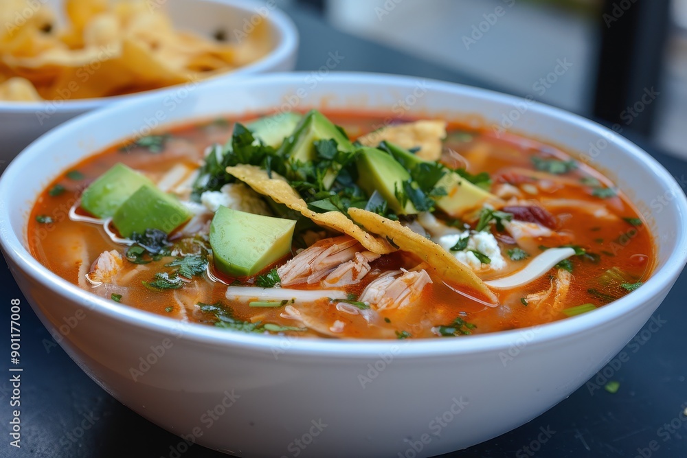 A bowl of sopa azteca, a spicy tortilla soup with a tomato base, shredded chicken, avocado, cheese, and crispy tortilla strips A bowl of sopa azteca, a spicy tortilla soup with a tomato base, shredded chicken, avocado, cheese, and crispy tortilla strips