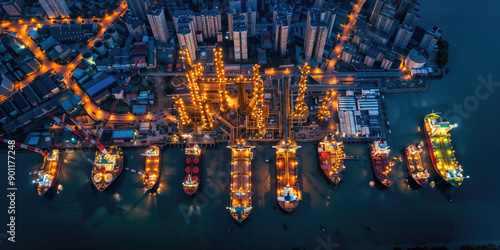 Cargo ships docked at industrial port with city skyline at night