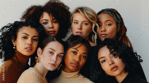 Studio shot of a multicultural beautiful girls with natural skin posing.young pretty asian, caucasian, afro woman posing cheerful together , lifestyle diverse nationality people concept