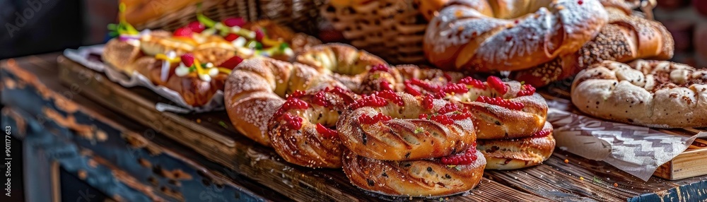 Fototapeta premium Delicious baked goods displayed beautifully on a rustic wooden table, featuring various pastries and flavors.