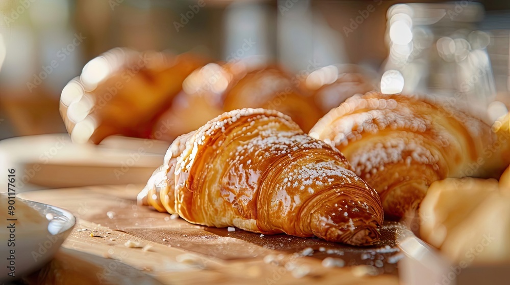 Freshly baked croissant on a wooden board, showcasing its flaky layers and golden color, perfect for breakfast or brunch. Freshly baked croissant on a wooden board, showcasing its flaky layers and golden color, perfect for breakfast or brunch.