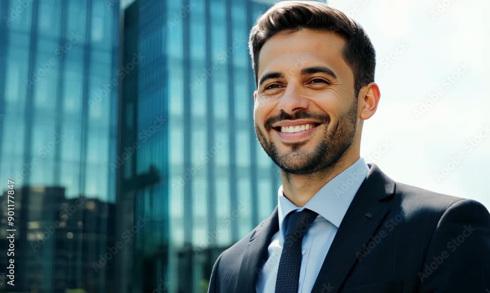 Portrait of a smiling young businessman standing in front of office building Portrait of a smiling young businessman standing in front of office building