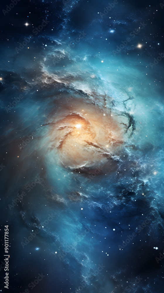 Fototapeta premium A stunning cosmic landscape with swirling nebulae in shades of blue, gold, and dark space, illuminated by distant stars.