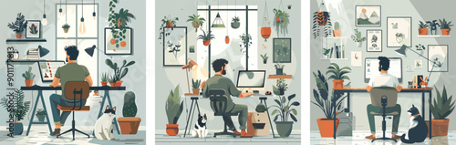 Contemporary house workspace indoor flora cartoon vector concepts. Person table seat monitor foliage shelf sitting rear workstation cat feline figure snug fashionable illustrations