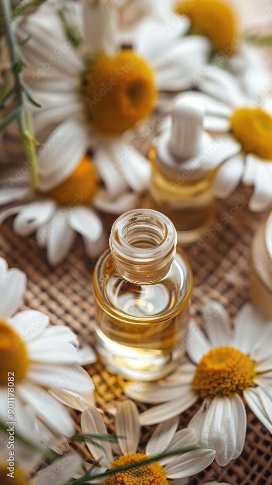 Closeup of chamomile extract in a skincare routine. Closeup of chamomile extract in a skincare routine.