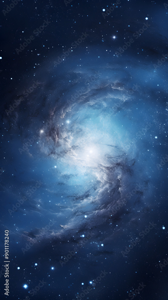 Fototapeta premium A stunning cosmic view of a swirling nebula with a bright core, surrounded by a field of twinkling stars in the dark expanse of space.