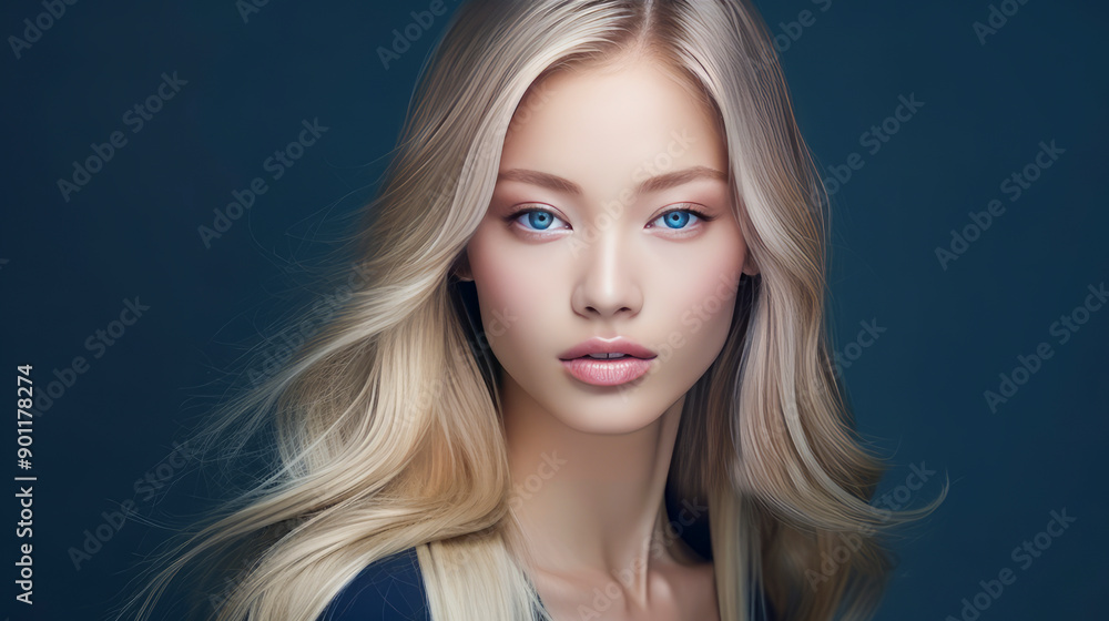 Portrait of a beautiful, sexy, smiling, happy blonde Asian woman with perfect skin, dark blue background, banner. Portrait of a beautiful, sexy, smiling, happy blonde Asian woman with perfect skin, dark blue background, banner.