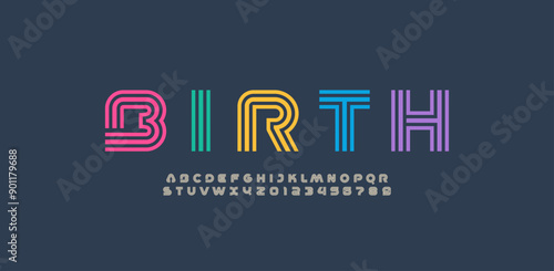 Modern stylized striped font, trendy alphabet made linear style, colored graphic futuristic uppercase letters and numerals, vector illustration 10EPS