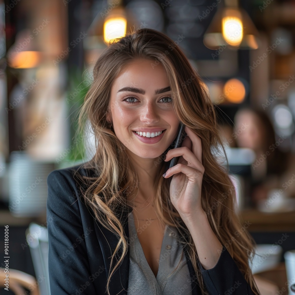 usiness woman smiling while talking to her client on the phone By Generated AI usiness woman smiling while talking to her client on the phone By Generated AI