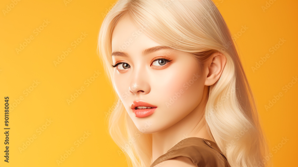 Portrait of a beautiful, sexy, smiling, happy blonde Asian woman with perfect skin, yellow background, banner. Portrait of a beautiful, sexy, smiling, happy blonde Asian woman with perfect skin, yellow background, banner.
