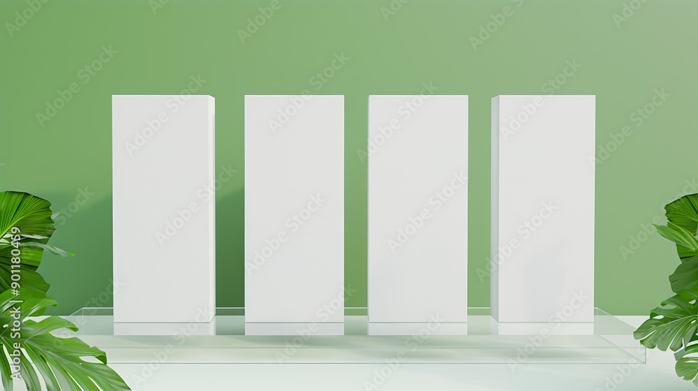 Four White Tall Cardboard Boxes in Sleek Design Showcased Elegantly on Transparent Podium with Green Background Four White Tall Cardboard Boxes in Sleek Design Showcased Elegantly on Transparent Podium with Green Background
