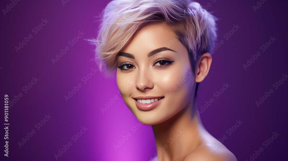 Portrait of a beautiful, sexy, smiling, happy Asian blonde woman with short haircut and perfect skin, purple background, banner. Portrait of a beautiful, sexy, smiling, happy Asian blonde woman with short haircut and perfect skin, purple background, banner.