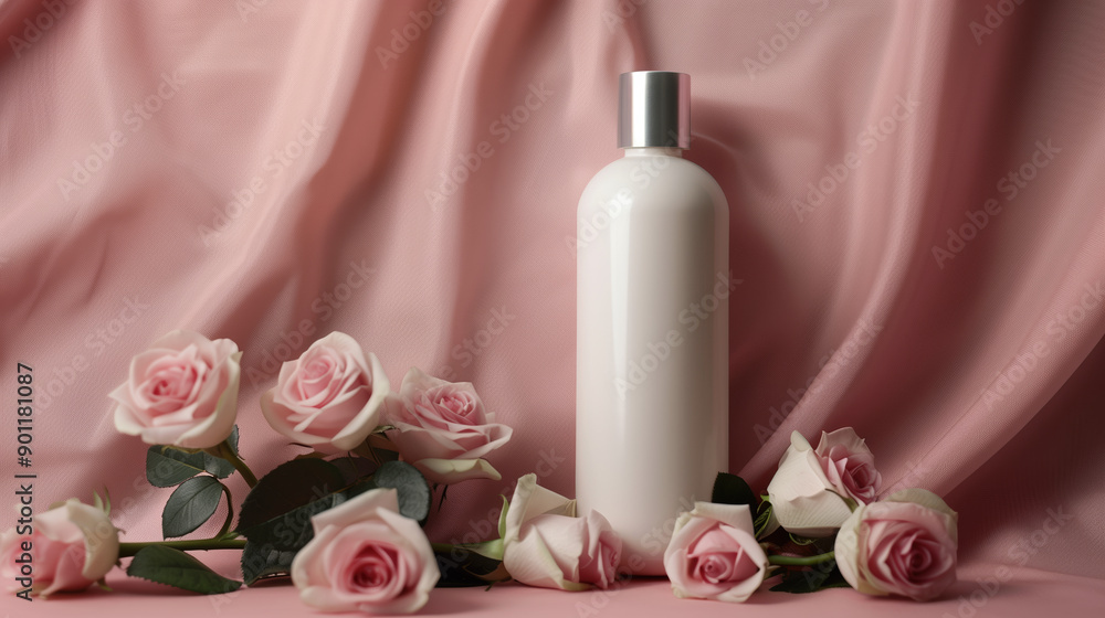 Elegant Bottle of Hair Mousse with Fresh Roses Nearby, Luxurious Hair Care Product and Floral Arrangement Elegant Bottle of Hair Mousse with Fresh Roses Nearby, Luxurious Hair Care Product and Floral Arrangement