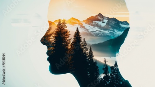 Artistic double exposure of a zoologist in the field, integrating a digital interface with a nature landscape of mountains and forests, futuristic postcard style photo