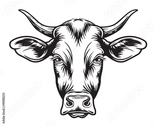 Farm cow head logo sketch hand drawn line art engraving Vector illustration
