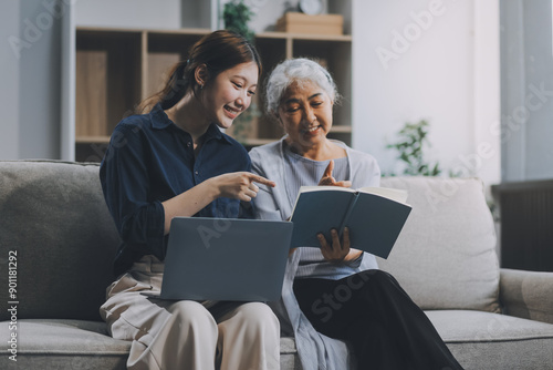 Asian elderly women and friend using social media and living room. Video streaming, happiness and conversation at a house with old people together