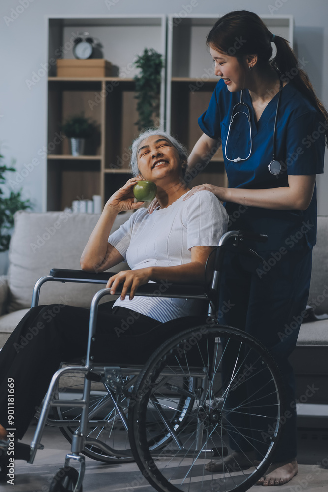 Asian physiotherapist helping elderly woman patient stretching arm during exercise correct with dumbbell in hand during training hand with patient Back problems in garden. Nursing home hospital Asian physiotherapist helping elderly woman patient stretching arm during exercise correct with dumbbell in hand during training hand with patient Back problems in garden. Nursing home hospital