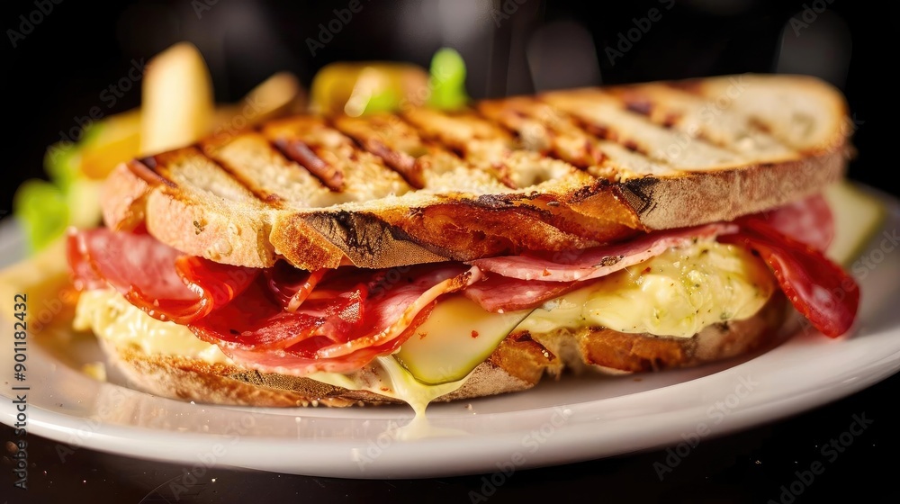 Delicious gourmet sandwich with layers of meat, cheese, and fresh toppings, served on toasted bread for a satisfying meal. Delicious gourmet sandwich with layers of meat, cheese, and fresh toppings, served on toasted bread for a satisfying meal.