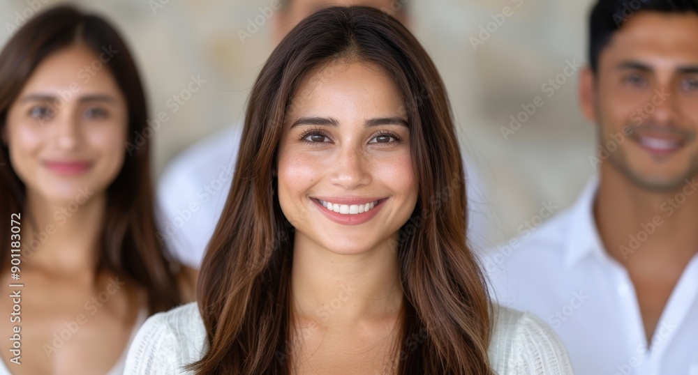Smiling woman with long brown hair surrounded by friends Smiling woman with long brown hair surrounded by friends