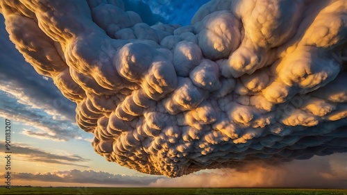 A sky filled with mammatus clouds, their pouch-like structures hanging down from the base of a larger cloud, creating a dramatic and unusual sight. photo