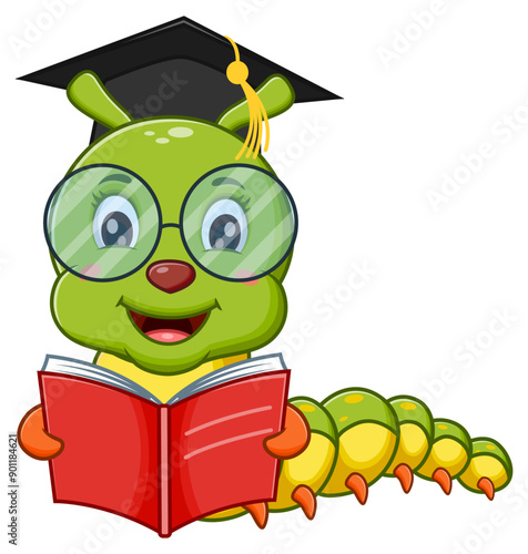 Green caterpillar in graduation cap and glasses reading book. Suitable for educational materials, graduation celebrations, insect themed designs, and nature illustrations. Vector illustration