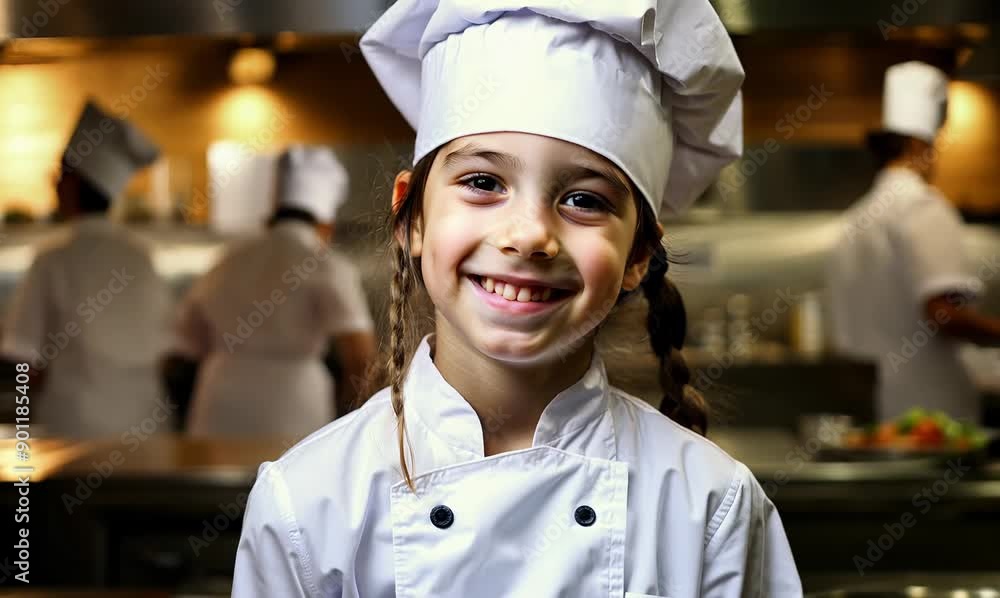 Little girl in chef uniform smiling at camera in a restaurant kitchen. Little girl in chef uniform smiling at camera in a restaurant kitchen.