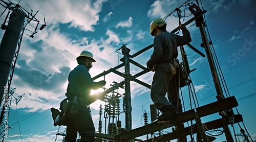 Electricians Working on Power Lines