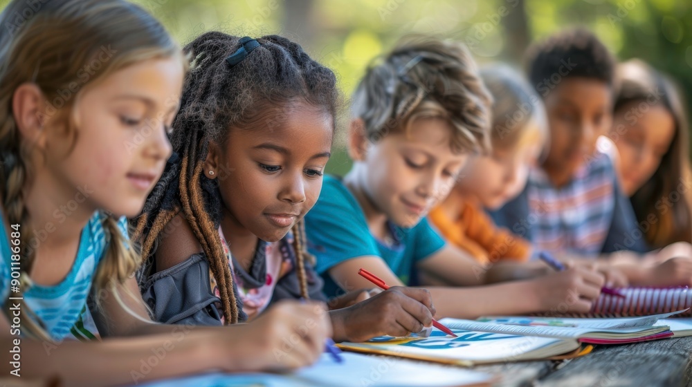 A diverse group of children focus intently on their schoolwork while sitting at a picnic table outdoors. A diverse group of children focus intently on their schoolwork while sitting at a picnic table outdoors.
