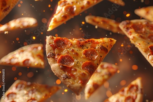 Tasty warm pizza slices glide through the scene photo