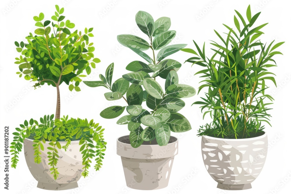 Potted flora and jar displays. Cartoon graphics compilation of lush foliage and trees featuring blossoms. Indoor decorative vegetation for residences or workspaces with delightful floral accents Potted flora and jar displays. Cartoon graphics compilation of lush foliage and trees featuring blossoms. Indoor decorative vegetation for residences or workspaces with delightful floral accents