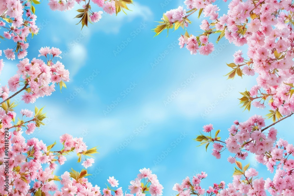 Blossoming cherry trees against a vibrant azure sky, offering space for your thoughts - a stunning springtime scene Blossoming cherry trees against a vibrant azure sky, offering space for your thoughts - a stunning springtime scene