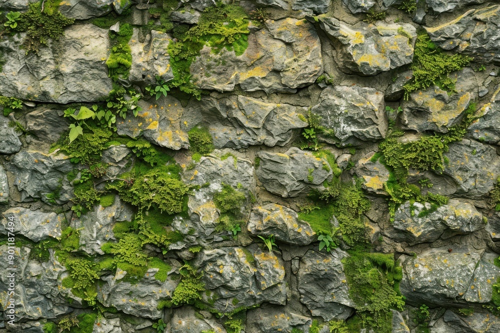 Text space available on a textured stone wall covered in moss Text space available on a textured stone wall covered in moss