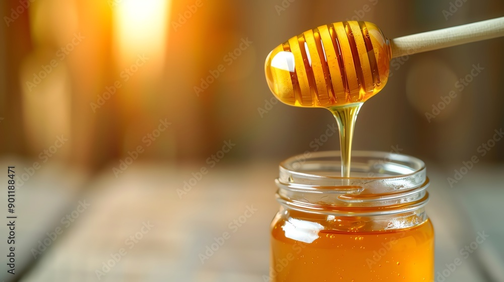 Close-up of honey dripping from a wooden dipper into a jar, capturing the warm glow of sunlight in the background. Close-up of honey dripping from a wooden dipper into a jar, capturing the warm glow of sunlight in the background.
