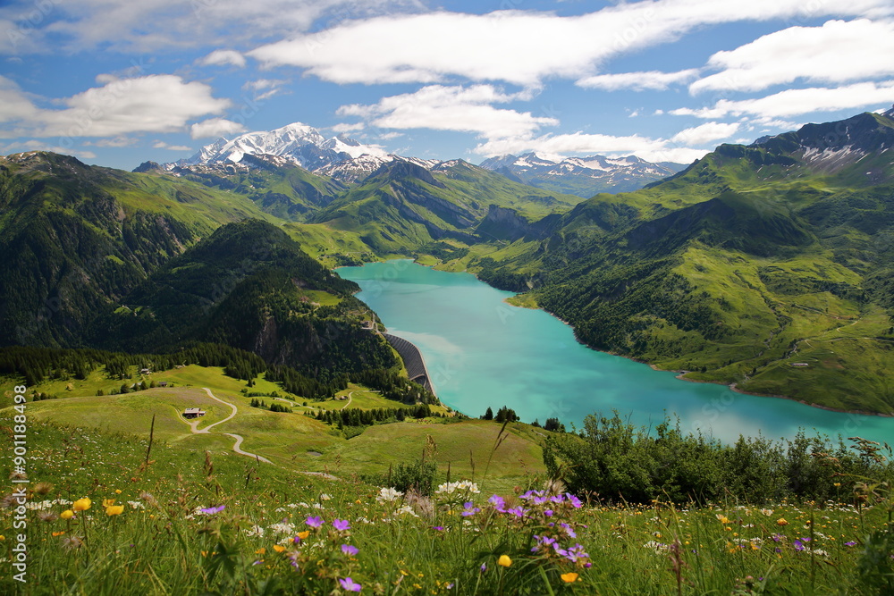 The Mont Blanc and the lake of Roselend viewed from a hiking trail on a ridge leading to Roche Parstire, and located in the Beaufortain region, Savoie, France