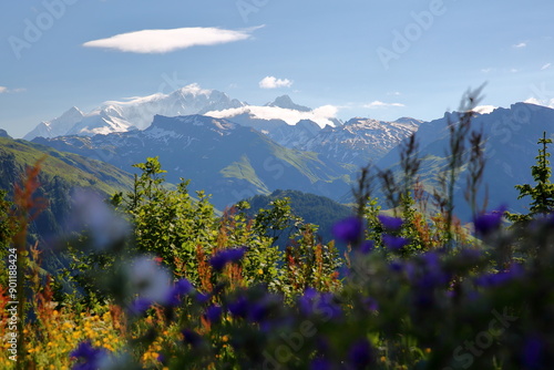 Obraz na płótnie The Mont Blanc viewed from a hiking trail (overlooking the lake of Roselend) on a ridge leading to Roche Parstire, and located in the Beaufortain region, Savoie, France w salonie