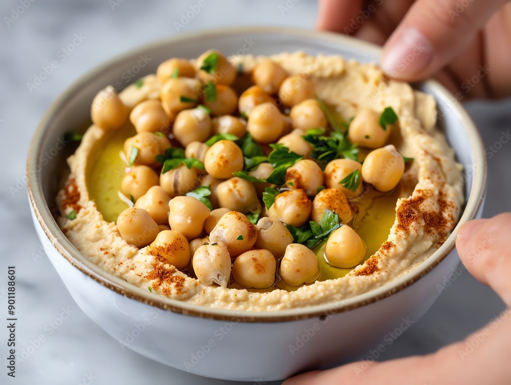 Delicious and creamy hummus topped with chickpeas and parsley, served in a stylish bowl, perfect for healthy snacking. Delicious and creamy hummus topped with chickpeas and parsley, served in a stylish bowl, perfect for healthy snacking.