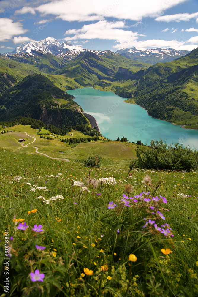 The Mont Blanc and the lake of Roselend viewed from a hiking trail on a ridge leading to Roche Parstire, and located in the Beaufortain region, Savoie, France