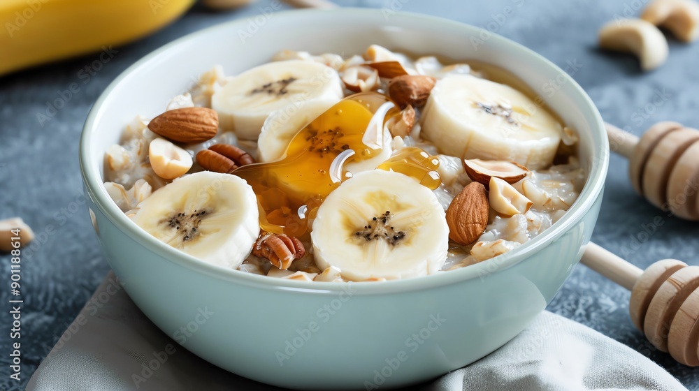 Delicious bowl of oatmeal topped with banana, honey, nuts, and seeds, perfect for a healthy breakfast or snack. Delicious bowl of oatmeal topped with banana, honey, nuts, and seeds, perfect for a healthy breakfast or snack.