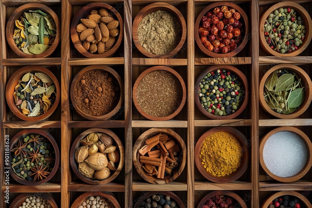 Collection of culinary extracts in a spice rack. Collection of culinary extracts in a spice rack.