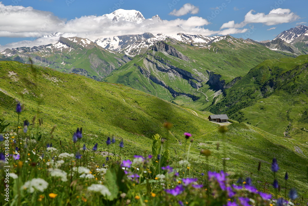 The Mont Blanc viewed from a hiking trail on a ridge leading to Roche Parstire, and located in the Beaufortain region, Savoie, France