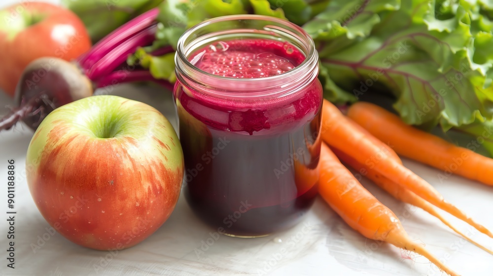 Freshly made vegetable juice in a jar, showcasing vibrant colors with apple, beet, and carrot, perfect for healthy living. Freshly made vegetable juice in a jar, showcasing vibrant colors with apple, beet, and carrot, perfect for healthy living.
