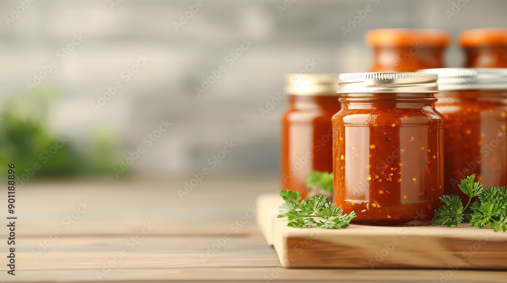 Freshly made tomato sauce jars arranged on a wooden tray, ideal for culinary and food photography. Freshly made tomato sauce jars arranged on a wooden tray, ideal for culinary and food photography.